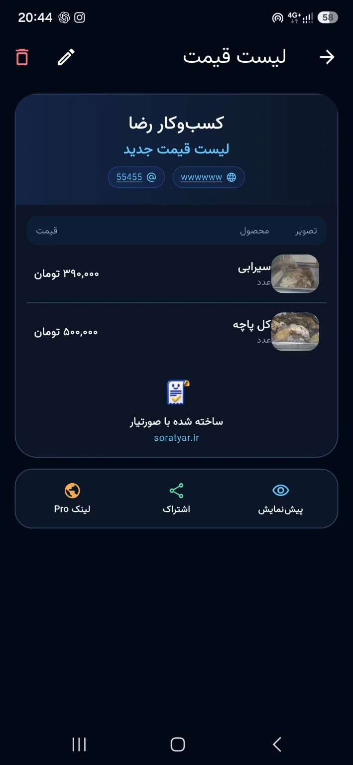لیست عمومی محصولات و قیمتها در صورتیار