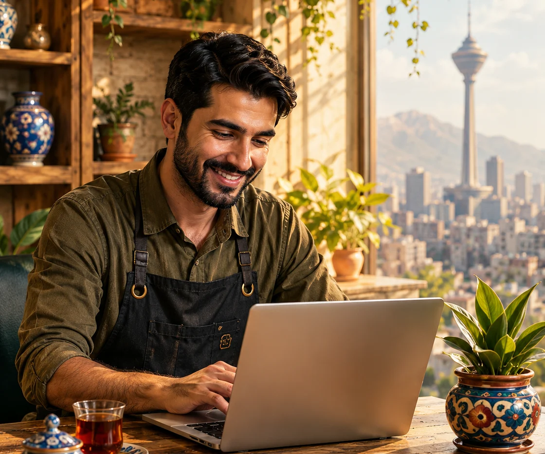 صاحب کسبوکار ایرانی در حال مدیریت حساب و فاکتور با صورتیار